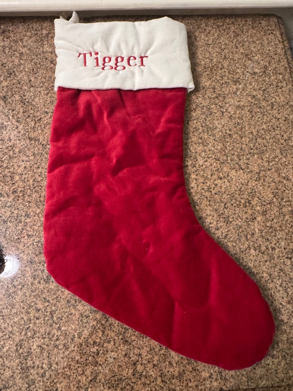 Pottery Barn red Velvet Stocking w/ "Tigger" personalization -- Like New